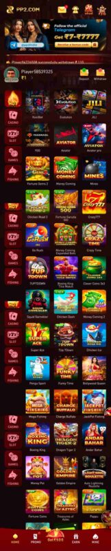 PP2 Game home page lobby with 777 slots and colour prediction games